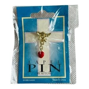 Vintage 1998 Autom Guardian Angel Heart Lapel Pin Gold Tone Religious NIP